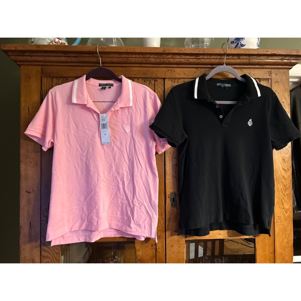 NWT Lot of 2 Lauren Active Shirt Black Pink Preppy Classic Short Sleeve Polo M